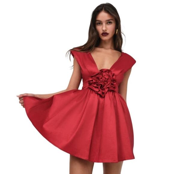For Love & Lemons Red Rose Taffeta Bow Mini Dress - Picture 2 of 12